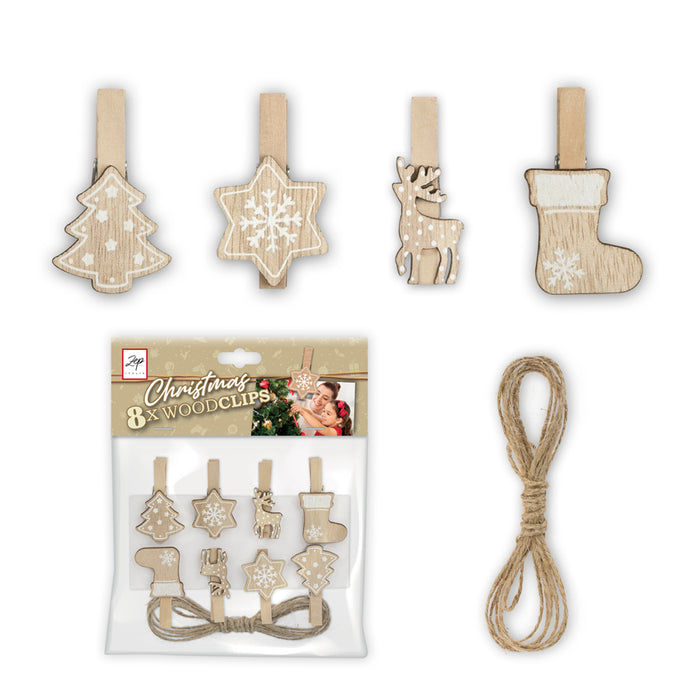 Kit "Wood Clips Brown" da 8 mollette e corda da 200cm - Art. LK39B